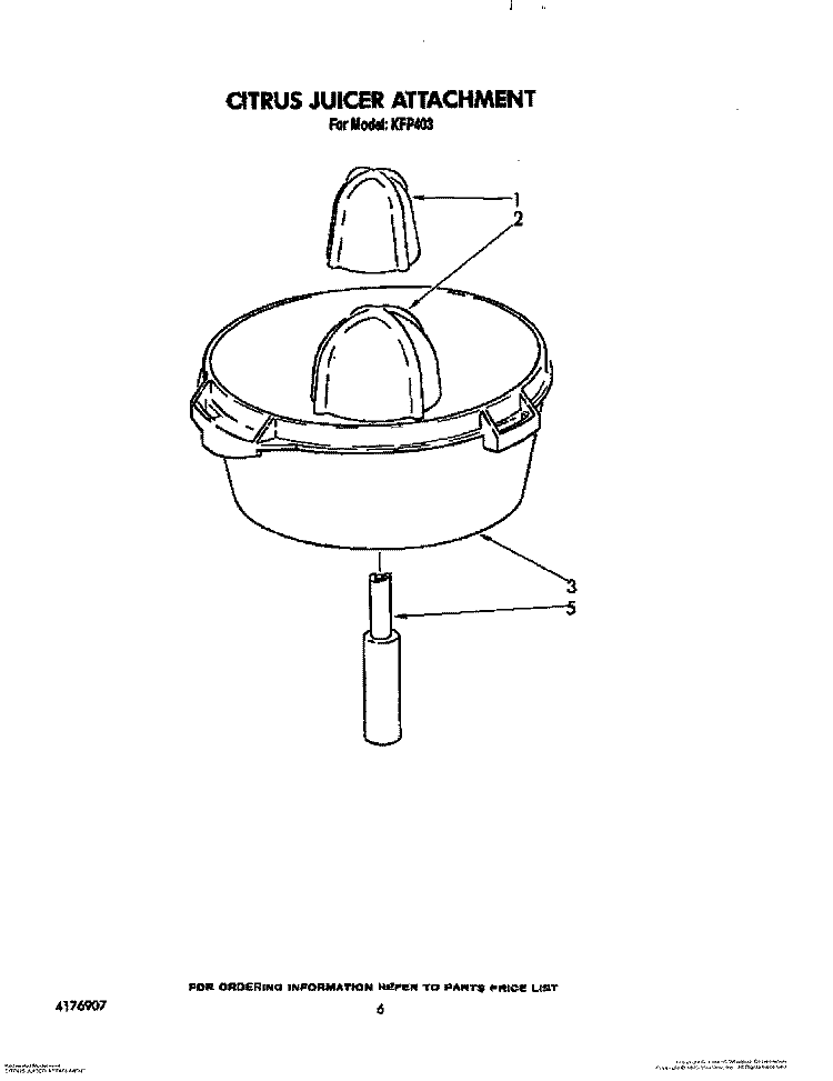 CITRUS JUICER ATTACHMENT Diagram and Parts List for KFP403  Whirlpool Food Processor