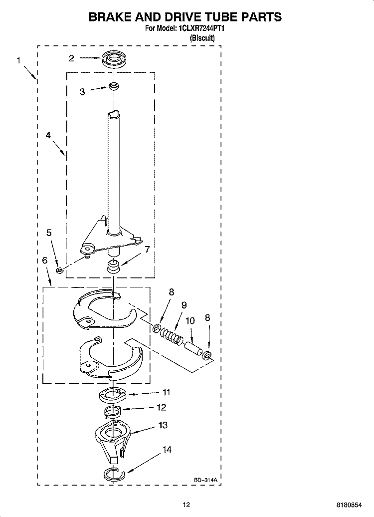 BRAKE AND DRIVE TUBE PARTS Diagram and Parts List for 1CLXR7244PT1  Whirlpool Washer