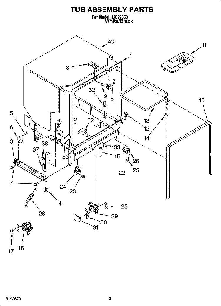 TUB ASSEMBLY PARTS Diagram and Parts List for IJC22053  Inglis Dishwasher