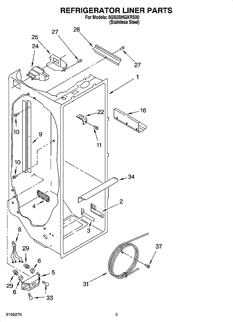 REFRIGERATOR LINER PARTS Diagram and Parts List for 6GS5SHGXRS00  Whirlpool Refrigerator