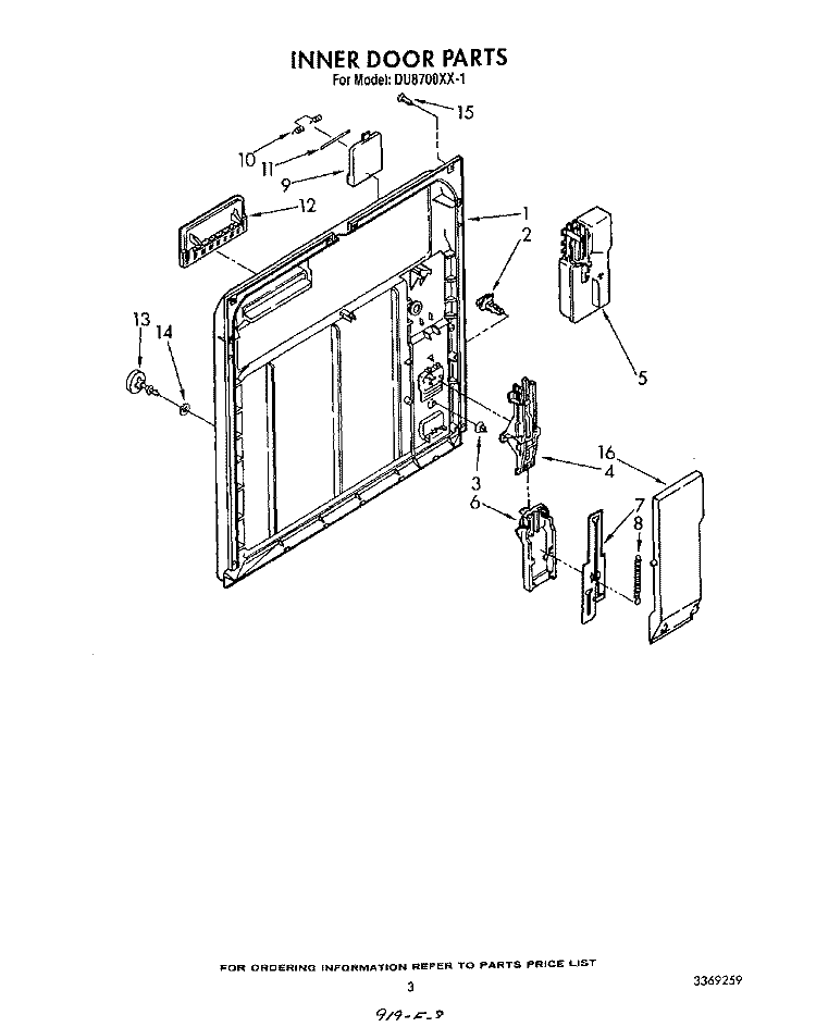 INNER DOOR Diagram and Parts List for DU8700XX1  Whirlpool Dishwasher