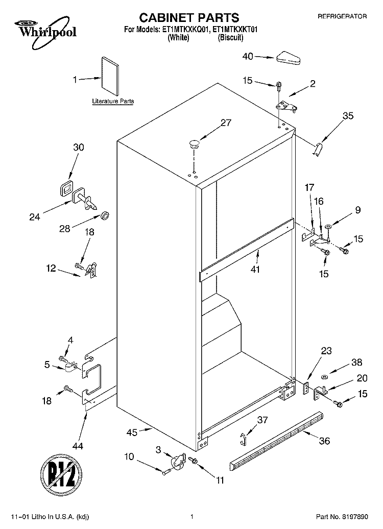 CABINET, LITERATURE Diagram and Parts List for ET1MTKXKT01  Whirlpool Refrigerator