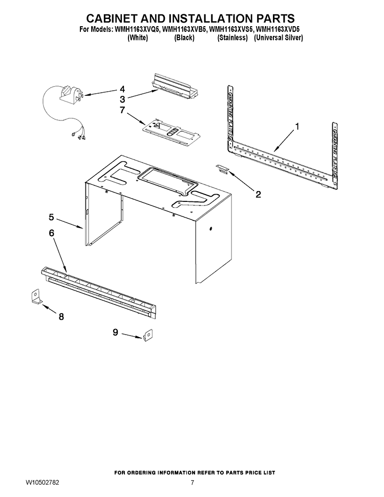 CABINET AND INSTALLATION PARTS Diagram and Parts List for WMH1163XVS5  Whirlpool Microwave
