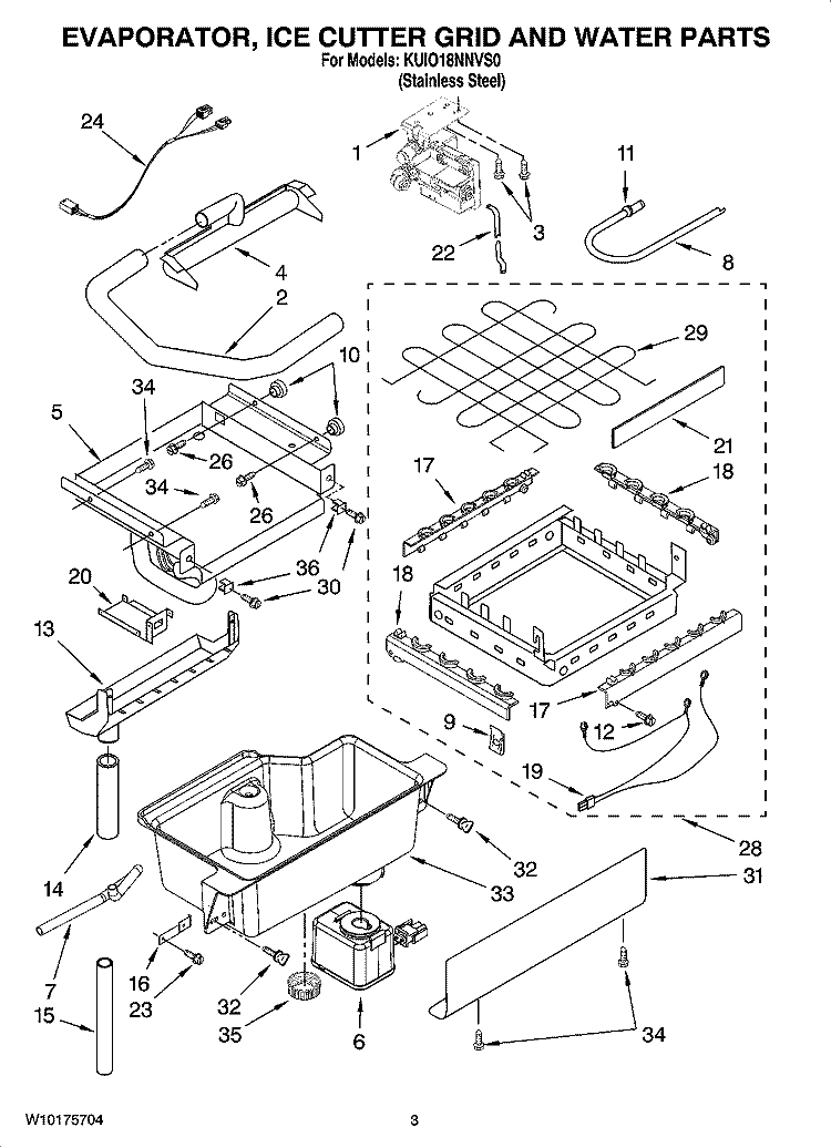 EVAPORATOR, ICE CUTTER GRID AND WATER PARTS Diagram and Parts List for KUIO18NNVS0  KitchenAid Ice Maker