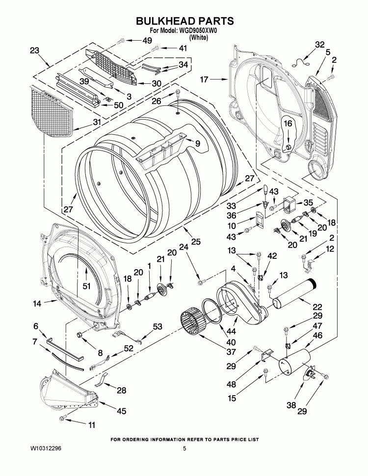 BULKHEAD PARTS Diagram and Parts List for WGD9050XW0  Whirlpool Dryer