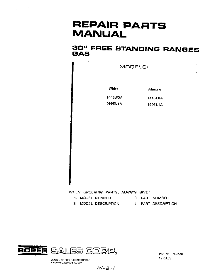 BACKGUARD Diagram and Parts List for 1446W0A  Roper Range
