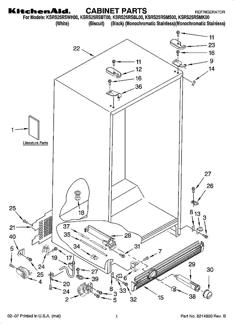CABINET PARTS Diagram and Parts List for KSRS25RSBL00  KitchenAid Refrigerator