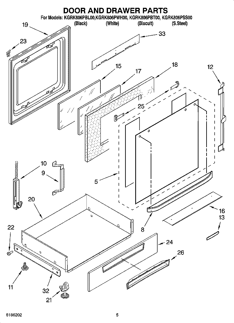 DOOR AND DRAWER PARTS Diagram and Parts List for KGRK806PBL00  KitchenAid Range