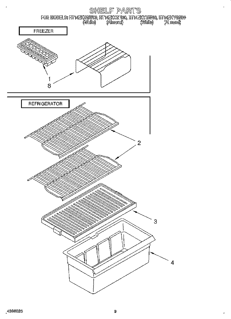 SHELF Diagram and Parts List for RT14ZKXGN00  Roper Refrigerator