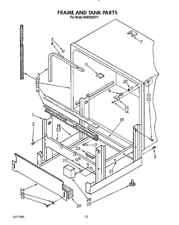 FRAME AND TANK Diagram and Parts List for KUDS220T4  KitchenAid Dishwasher