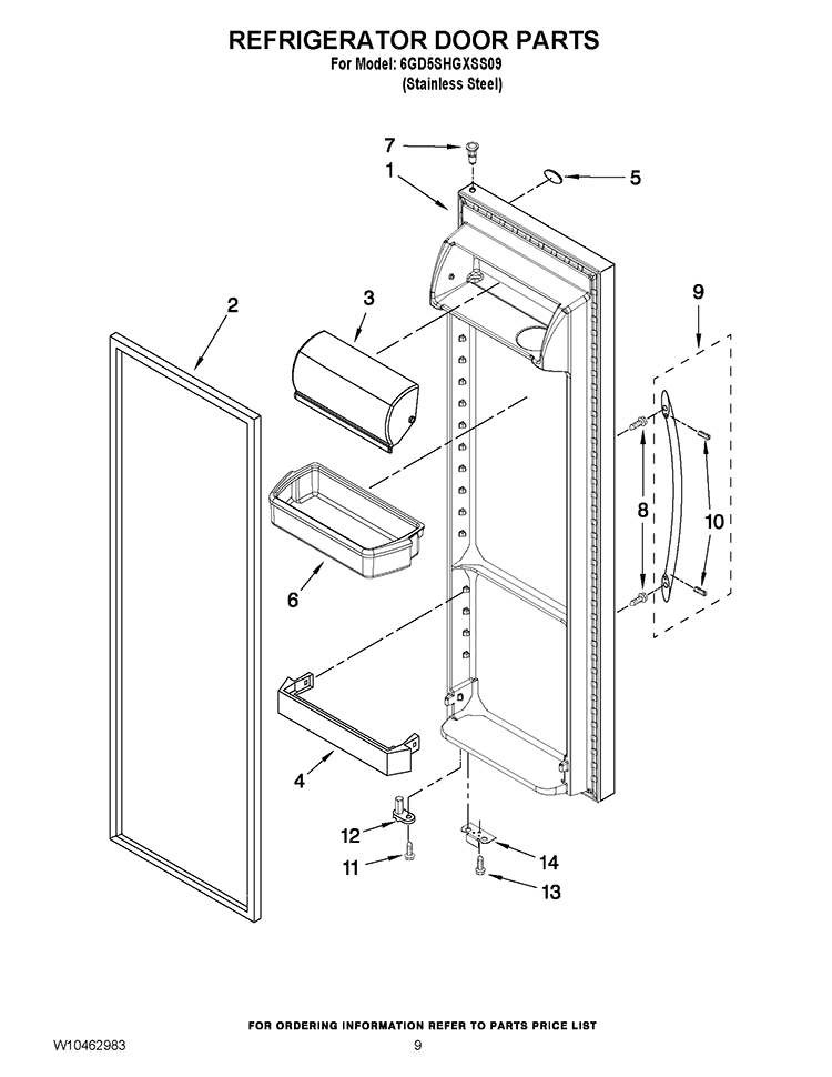 REFRIGERATOR DOOR PARTS Diagram and Parts List for 6GD5SHGXSS09  Whirlpool Refrigerator