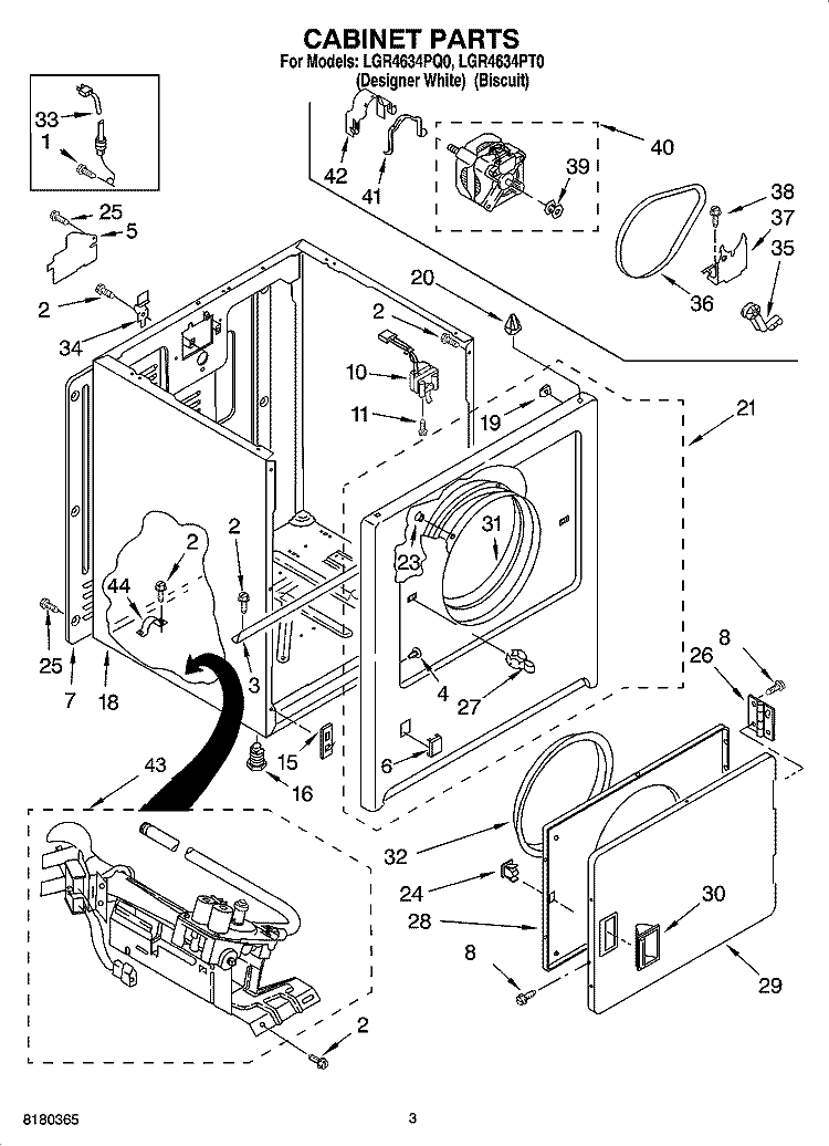 CABINET PARTS Diagram and Parts List for LGR4634PT0  Whirlpool Dryer