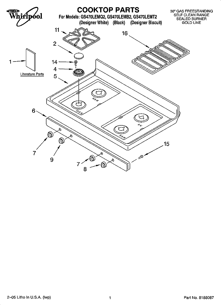 COOKTOP PARTS Diagram and Parts List for GS470LEMQ2  Whirlpool Range