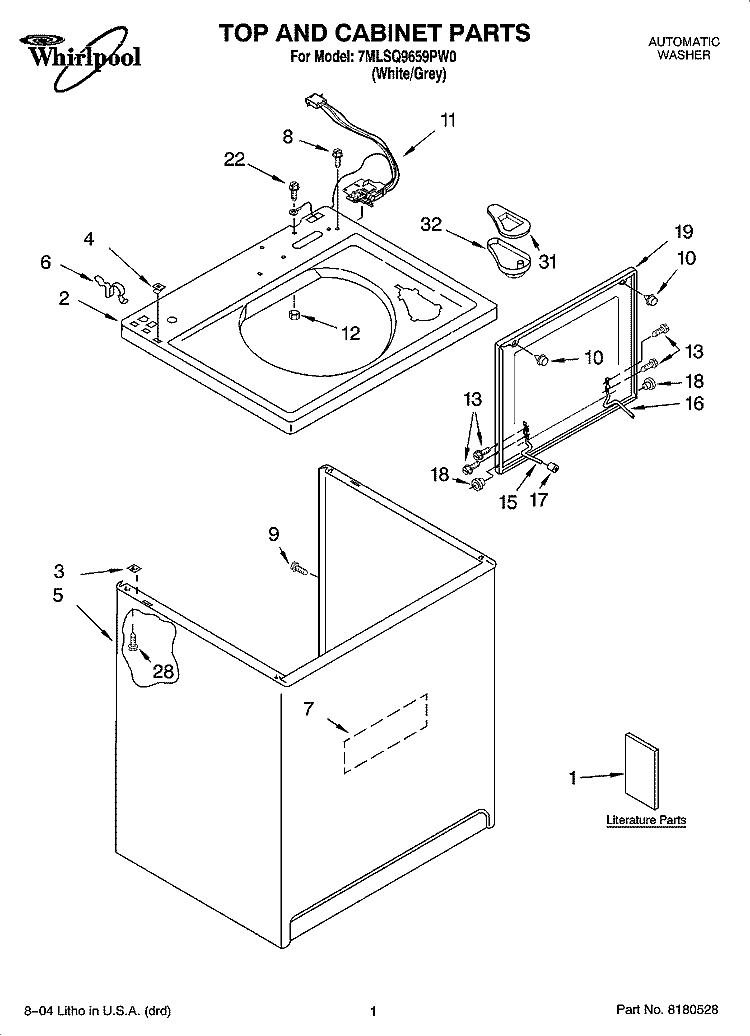 TOP AND CABINET PARTS Diagram and Parts List for 7MLSQ9659PW0  Whirlpool Washer