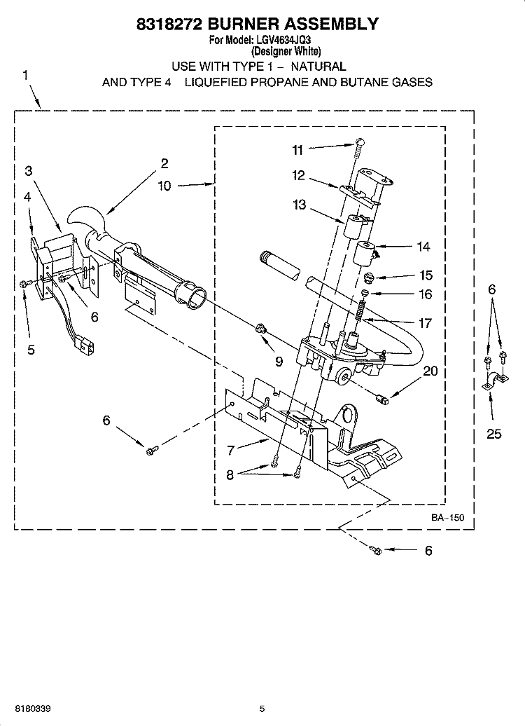 8318272 BURNER ASSEMBLY Diagram and Parts List for LGV4634JQ3  Whirlpool Dryer