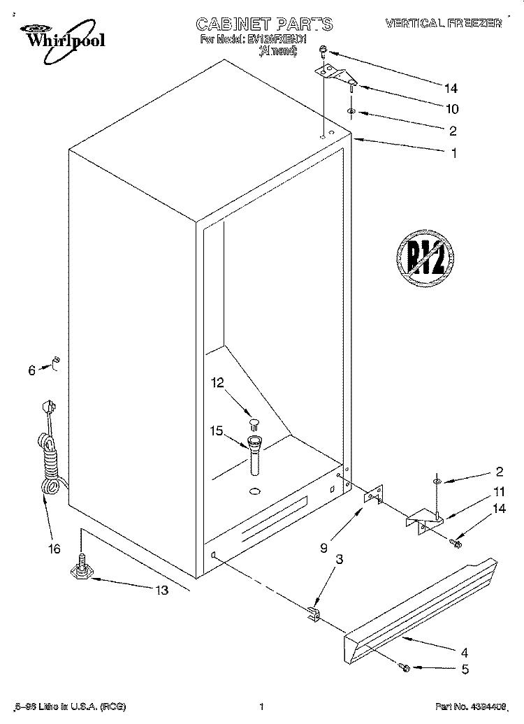 CABINET Diagram and Parts List for EV120FXEN01  Whirlpool Freezer