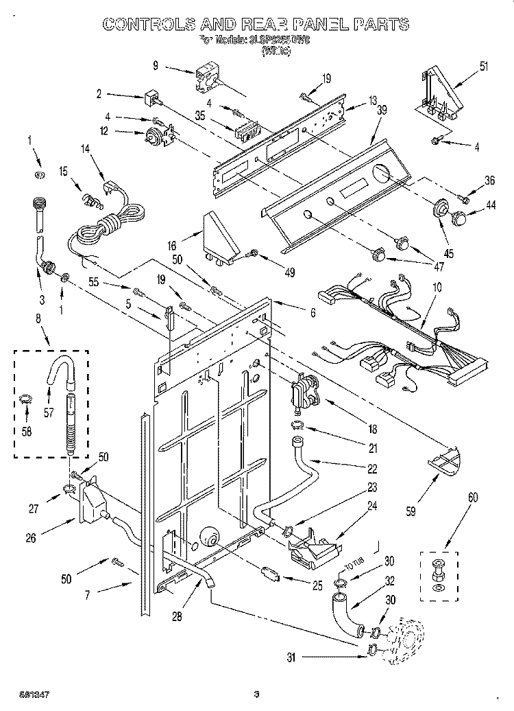 CONTROLS AND REAR PANEL Diagram and Parts List for 3LSP8255DW0  Whirlpool Washer