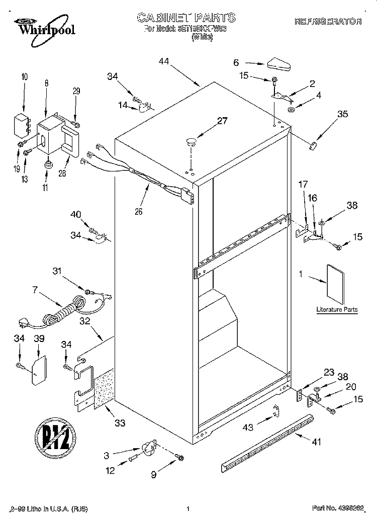 CABINET, LITERATURE Diagram and Parts List for 6ET19DKXFW03  Whirlpool Refrigerator