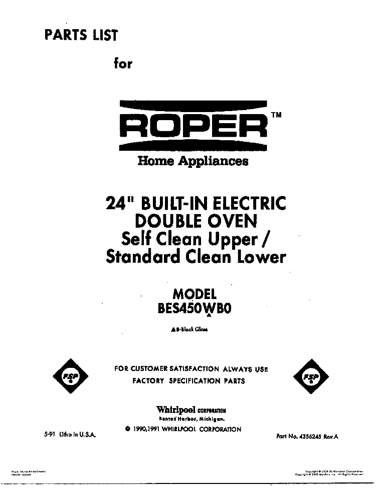 COVER Diagram and Parts List for BES450WB0  Roper Range