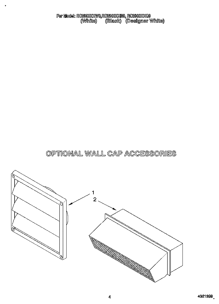 OPTIONAL WALL CAP ACCESSORIES Diagram and Parts List for RC8900XXW0  Whirlpool Cooktop