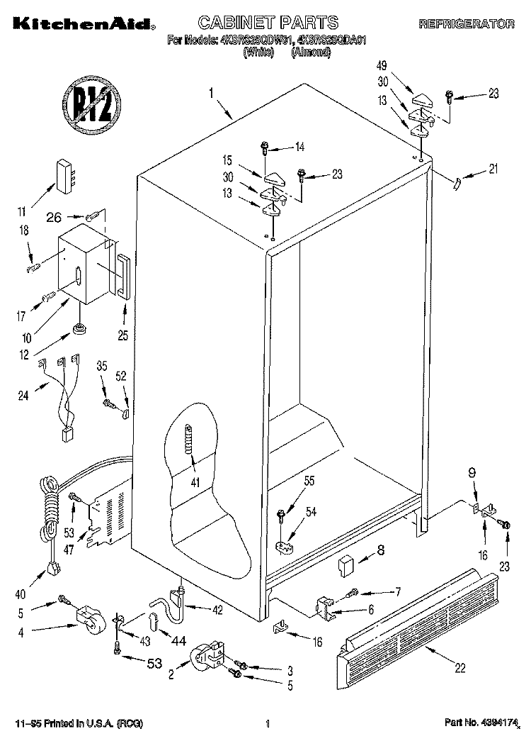 CABINET Diagram and Parts List for 4KSRS25QDW01  KitchenAid Refrigerator