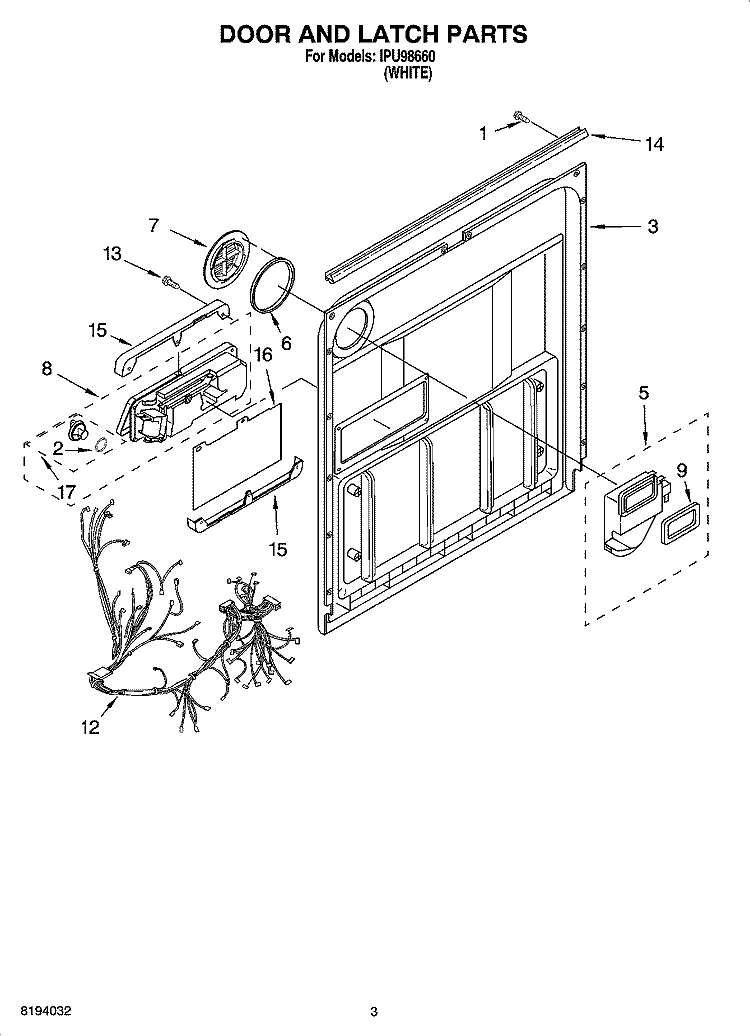 DOOR AND LATCH PARTS Diagram and Parts List for IPU98660  Inglis Dishwasher