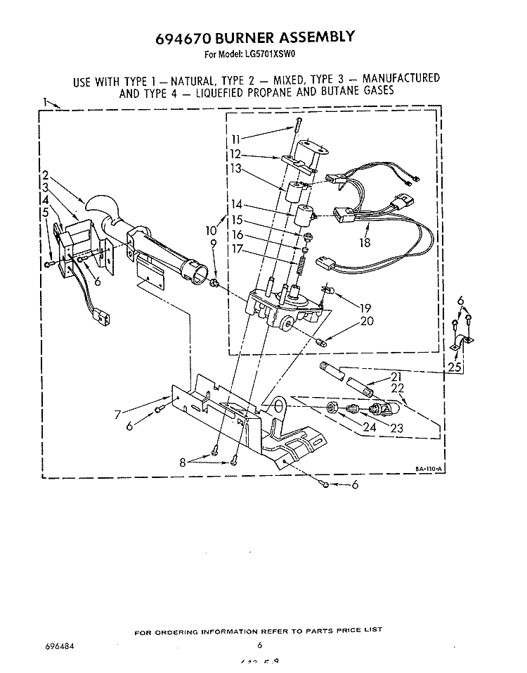 694670 BURNER Diagram and Parts List for LG5701XSW0  Whirlpool Dryer