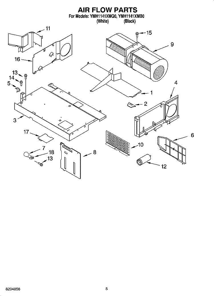 AIR FLOW PARTS Diagram and Parts List for YMH1141XMB0  Whirlpool Microwave