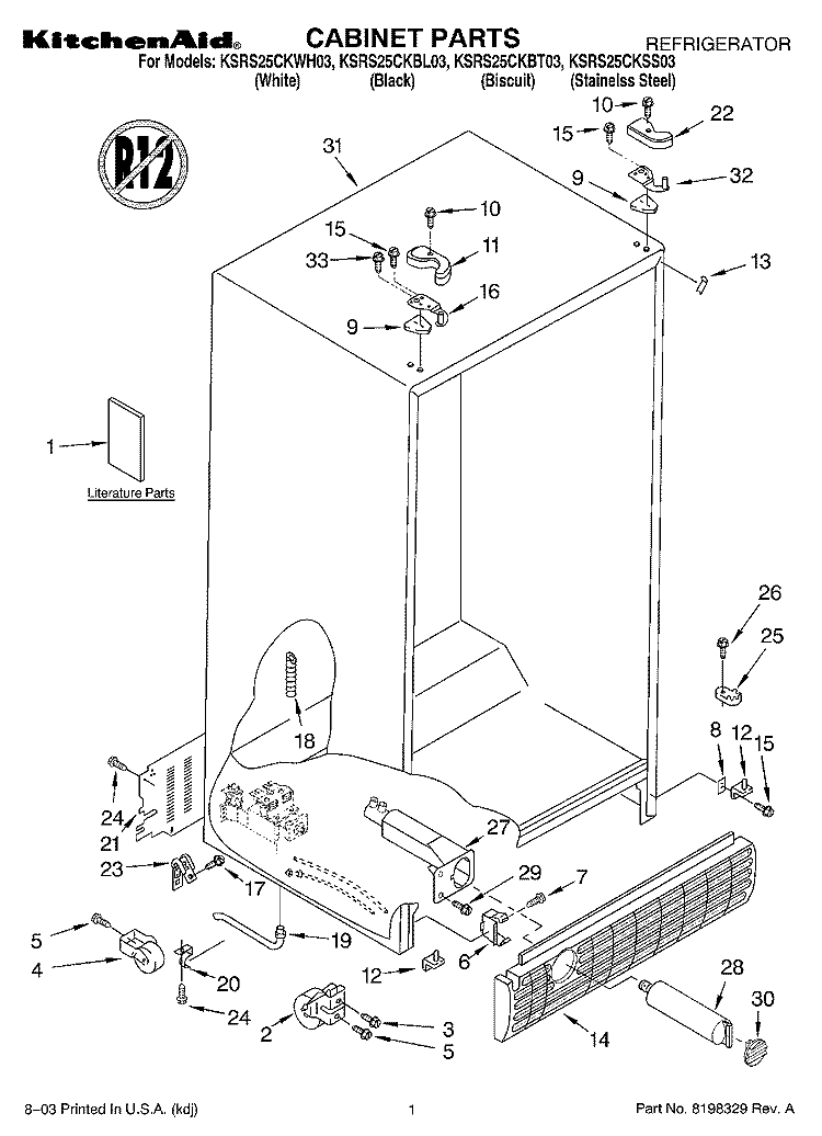 CABINET PARTS Diagram and Parts List for KSRS25CKWH03  KitchenAid Refrigerator