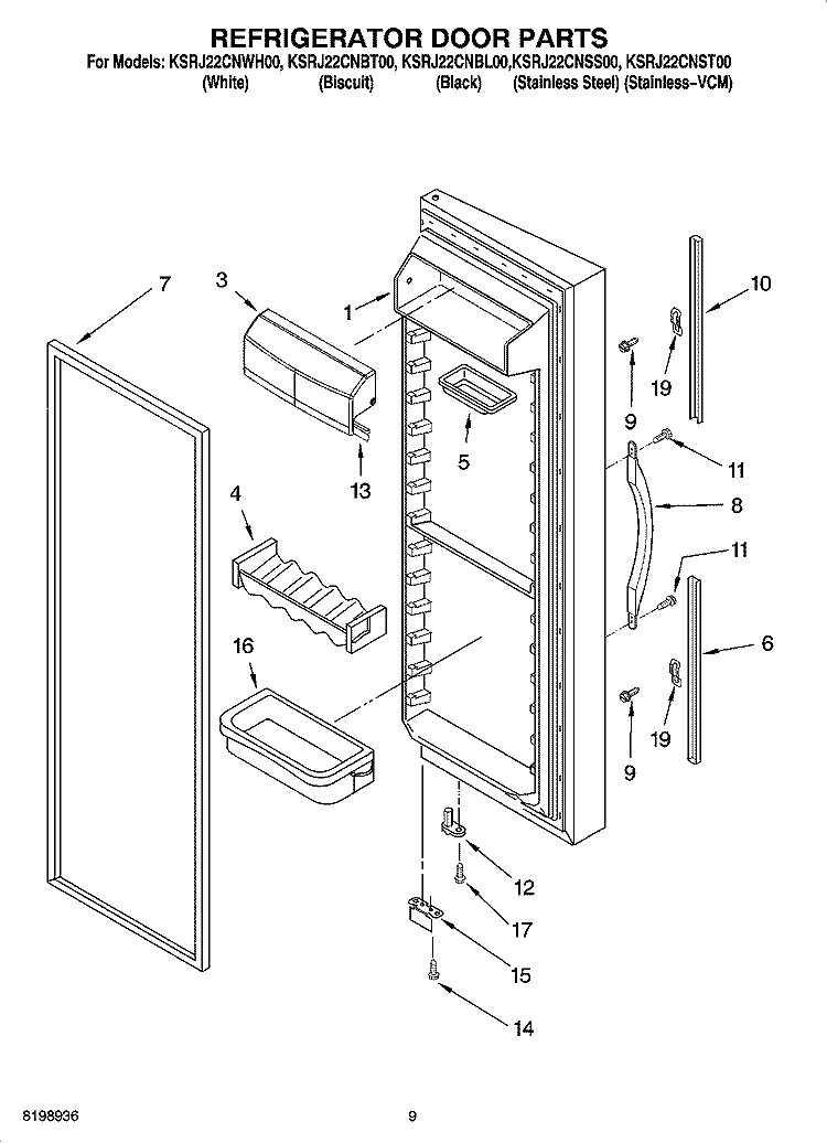 REFRIGERATOR DOOR PARTS Diagram and Parts List for KSRJ22CNWH00  KitchenAid Refrigerator