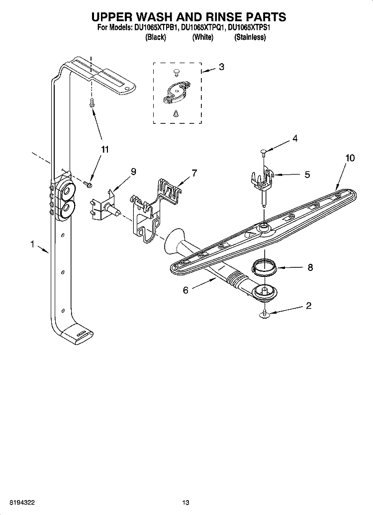 UPPER WASH AND RINSE PARTS Diagram and Parts List for DU1065XTPS1  Whirlpool Dishwasher