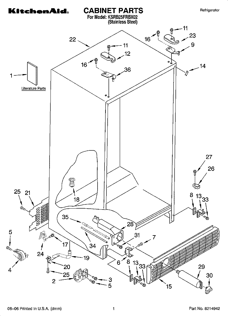 CABINET PARTS Diagram and Parts List for KSRB25FRBX02  KitchenAid Refrigerator