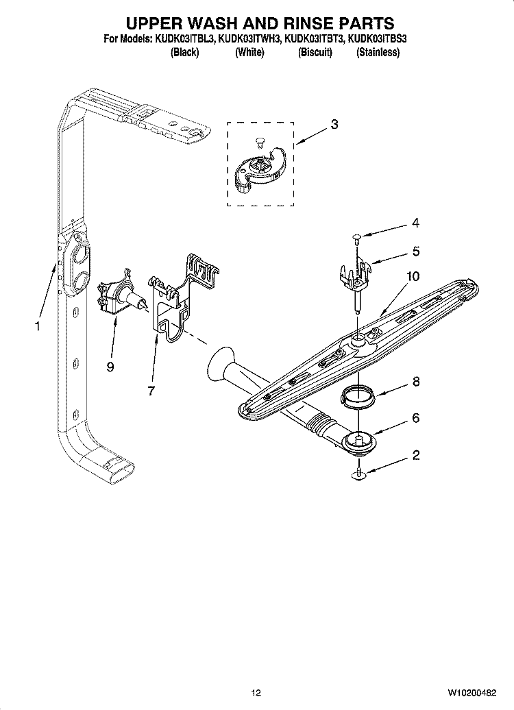 UPPER WASH AND RINSE PARTS Diagram and Parts List for KUDK03ITBT3  KitchenAid Dishwasher