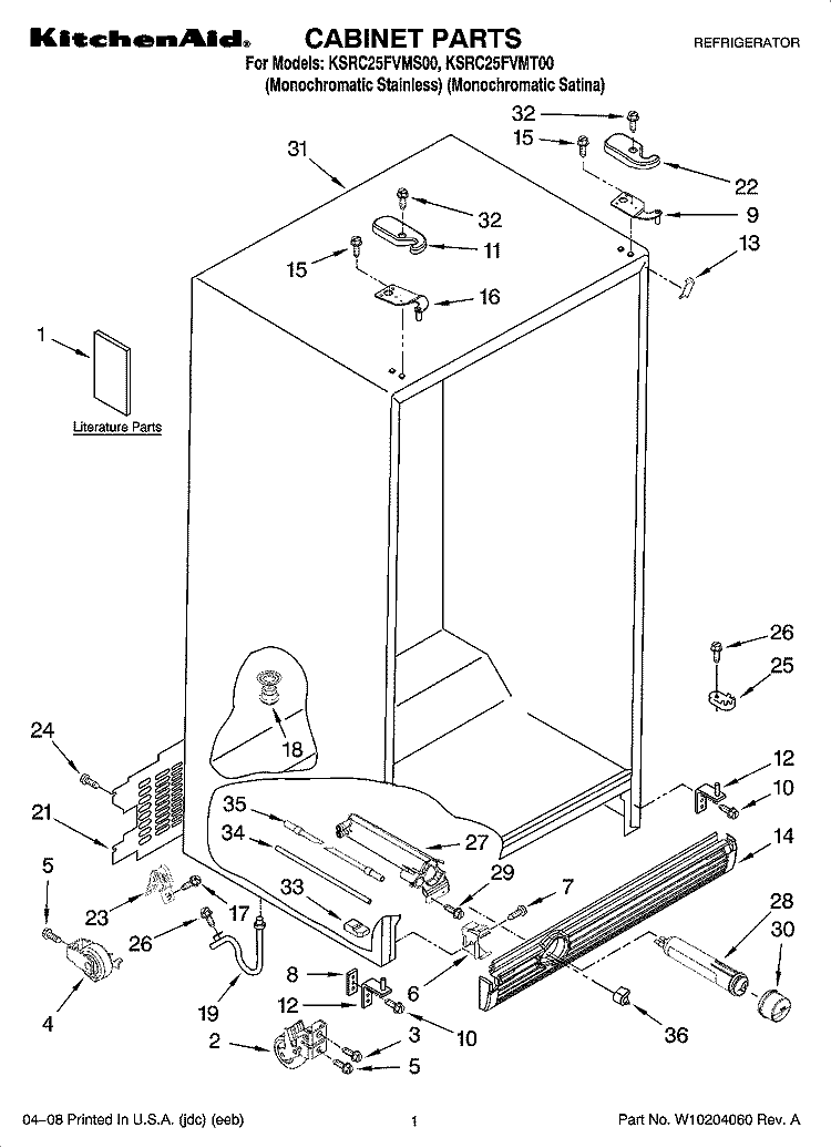 CABINET PARTS Diagram and Parts List for KSRC25FVMT00  KitchenAid Refrigerator