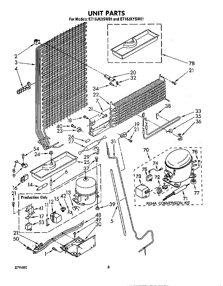 UNIT Diagram and Parts List for ET18JKYSW01  Whirlpool Refrigerator