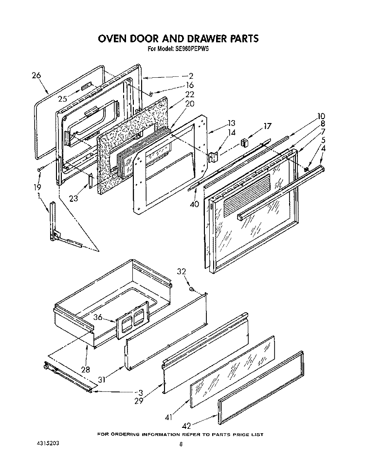 OVEN DOOR AND DRAWER Diagram and Parts List for SE960PEPW5  Whirlpool Range