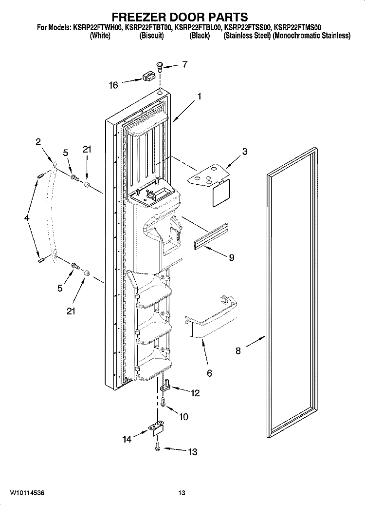 FREEZER DOOR PARTS Diagram and Parts List for KSRP22FTMS00  KitchenAid Refrigerator