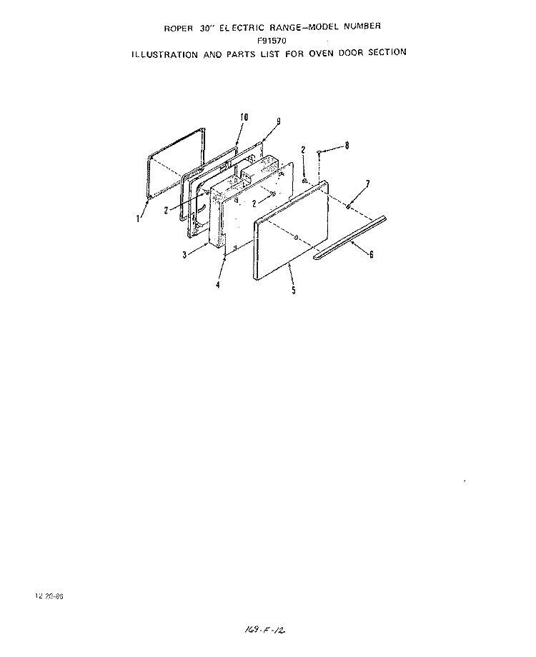 OVEN DOOR Diagram and Parts List for F9157W0  Roper Range