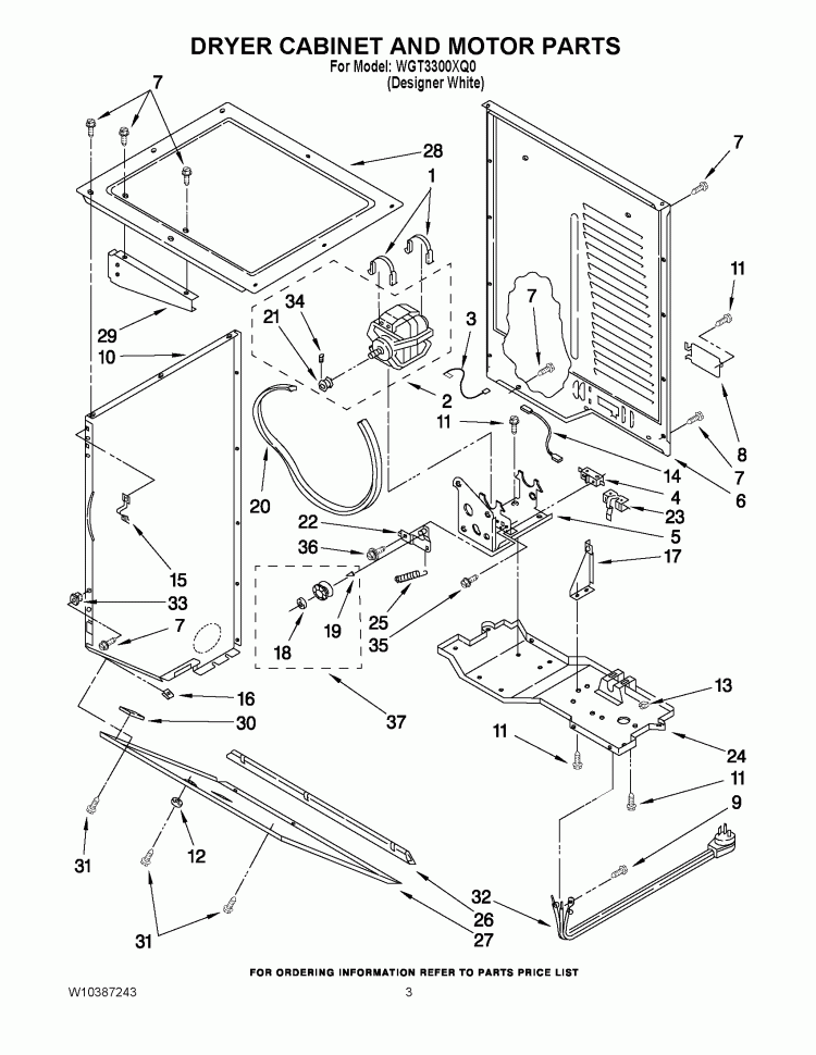 DRYER CABINET AND MOTOR PARTS Diagram and Parts List for WGT3300XQ0  Whirlpool Washer Dryer Combo