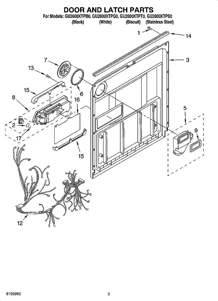 DOOR AND LATCH PARTS Diagram and Parts List for GU2600XTPQ0  Whirlpool Dishwasher