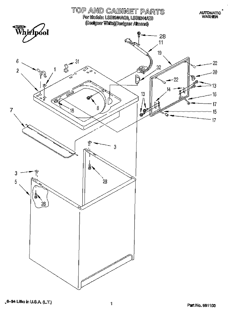 TOP AND CABINET, LIT/OPTIONAL Diagram and Parts List for LSS8244AZ0  Whirlpool Washer