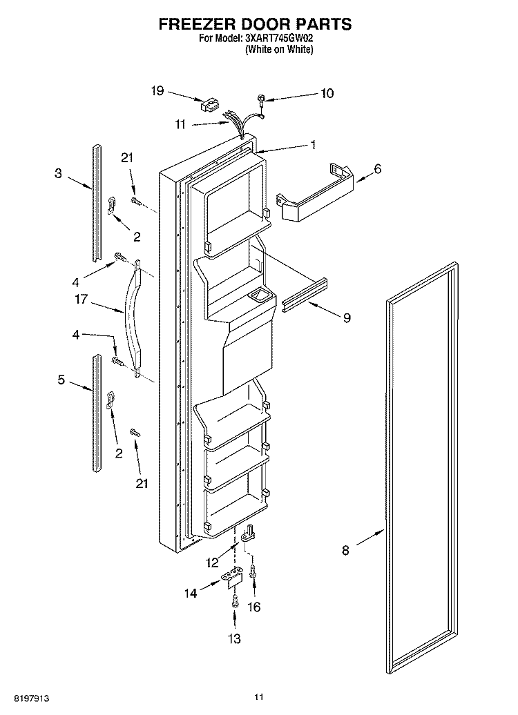 FREEZER DOOR Diagram and Parts List for 3XART745GW02  Whirlpool Refrigerator
