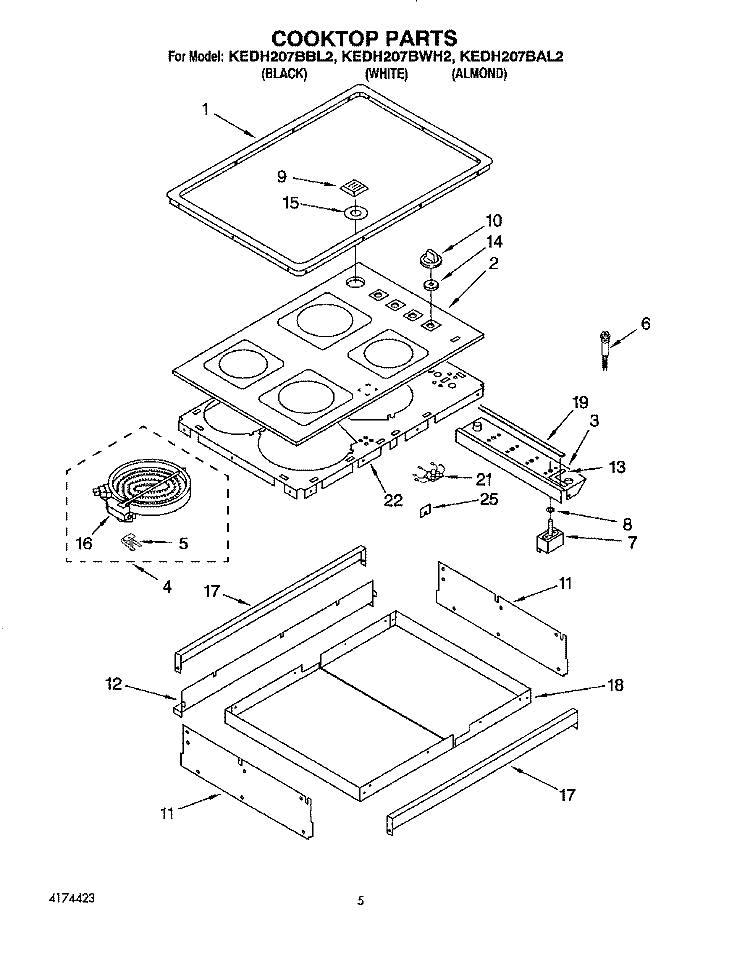 COOKTOP, OPTIONAL Diagram and Parts List for KEDH207BAL2  KitchenAid Range
