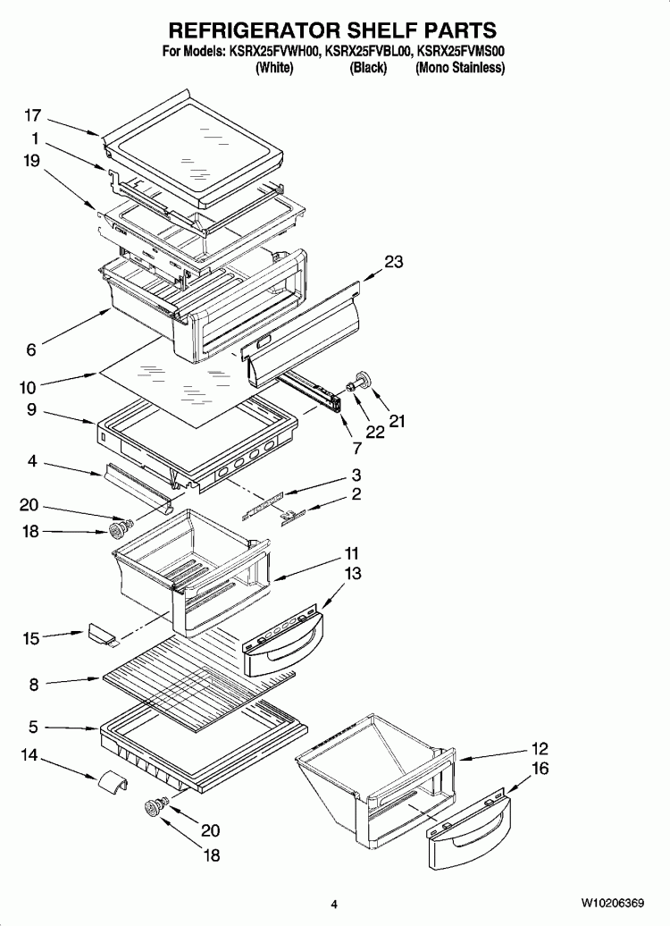 REFRIGERATOR SHELF PARTS Diagram and Parts List for KSRX25FVMS00  KitchenAid Refrigerator