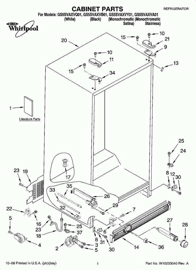 CABINET PARTS Diagram and Parts List for GS5SVAXVB01  Whirlpool Refrigerator