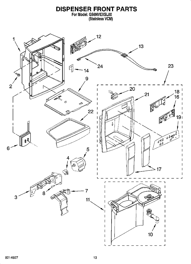 DISPENSER FRONT PARTS Diagram and Parts List for GS6NVEXSL00  Whirlpool Refrigerator