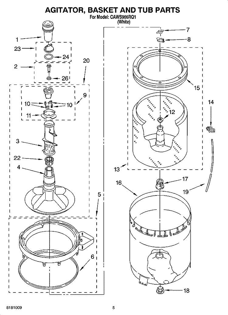 AGITATOR, BASKET AND TUB PARTS Diagram and Parts List for CAWS966RQ1  Crosley Washer
