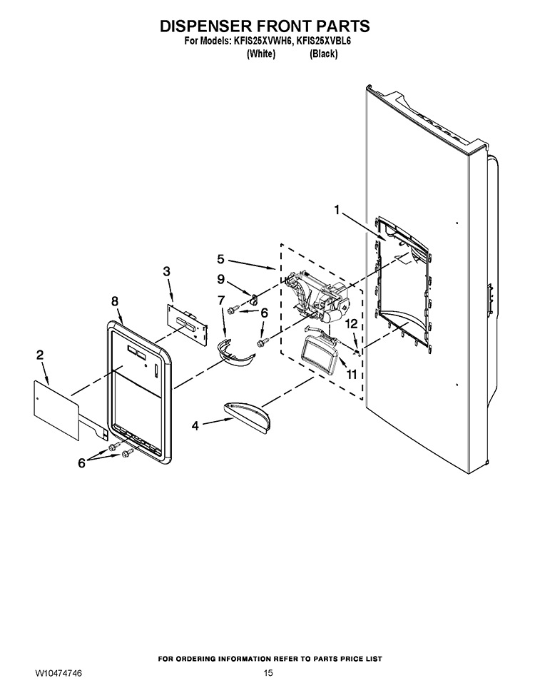 DISPENSER FRONT PARTS Diagram and Parts List for KFIS25XVWH6  KitchenAid Refrigerator