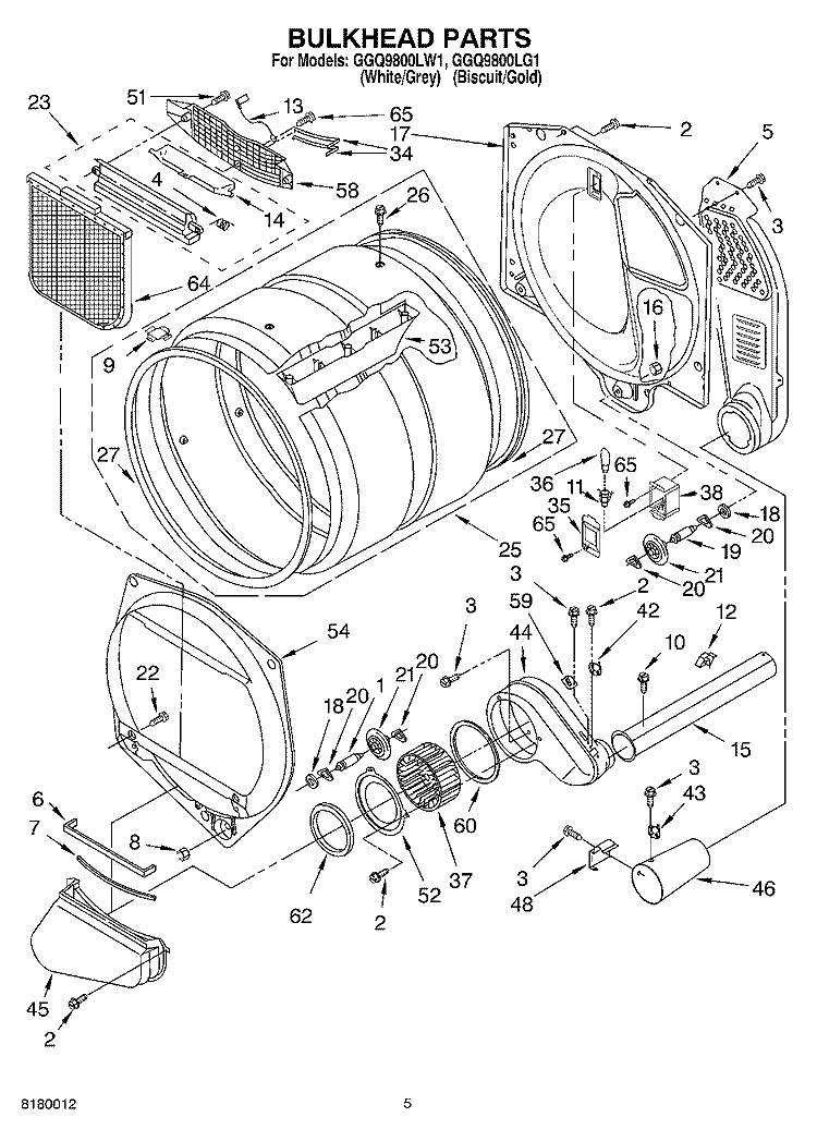 BULKHEAD PARTS Diagram and Parts List for GGQ9800LW1  Whirlpool Dryer