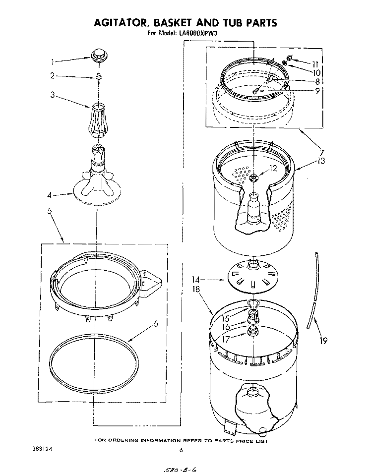 AGITATOR, BASKET AND TUB Diagram and Parts List for LA6000XPW3  Whirlpool Washer